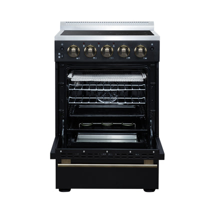 Forno Loiano 24 in. Freestanding Electric Range, 2.3 cu. ft., 4 Radiant Elements, Storage Drawer, Air Fryer Kit, Black with Antique Brass Accents (FFSEL6069-24BLK)