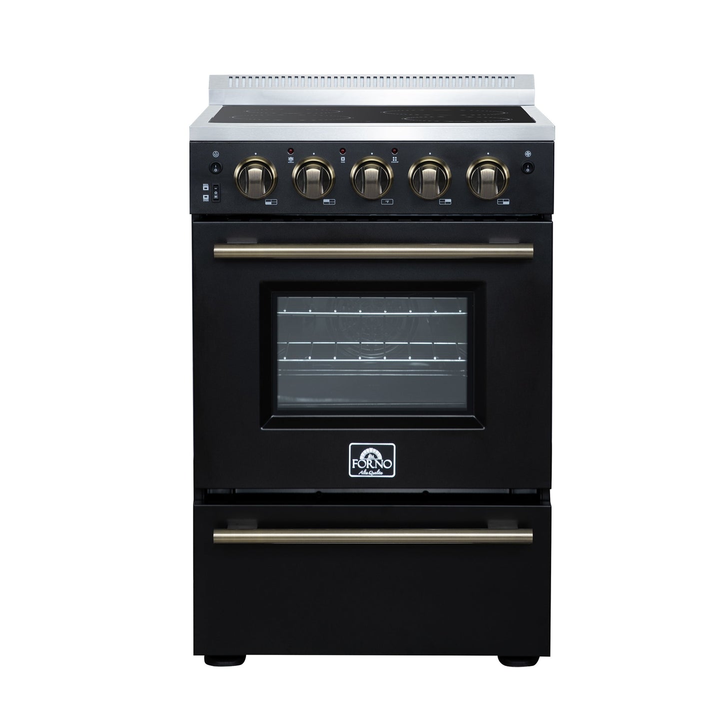 Forno Loiano 24 in. Freestanding Electric Range, 2.3 cu. ft., 4 Radiant Elements, Storage Drawer, Air Fryer Kit, Black with Antique Brass Accents (FFSEL6069-24BLK)