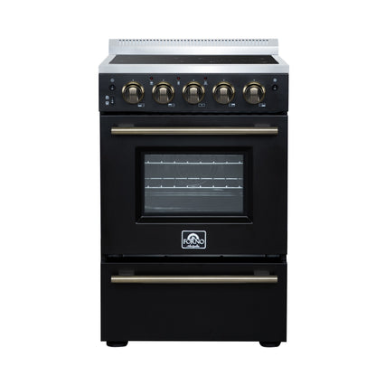 Forno Loiano 24 in. Freestanding Electric Range, 2.3 cu. ft., 4 Radiant Elements, Storage Drawer, Air Fryer Kit, Black with Antique Brass Accents (FFSEL6069-24BLK)