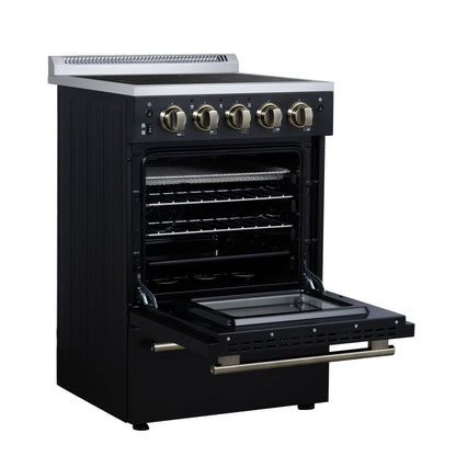 Forno Loiano 24 in. Freestanding Electric Range, 2.3 cu. ft., 4 Radiant Elements, Storage Drawer, Air Fryer Kit, Black with Antique Brass Accents (FFSEL6069-24BLK)