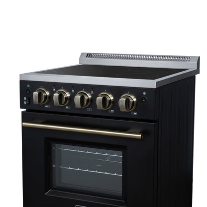 Forno Loiano 24 in. Freestanding Electric Range, 2.3 cu. ft., 4 Radiant Elements, Storage Drawer, Air Fryer Kit, Black with Antique Brass Accents (FFSEL6069-24BLK)