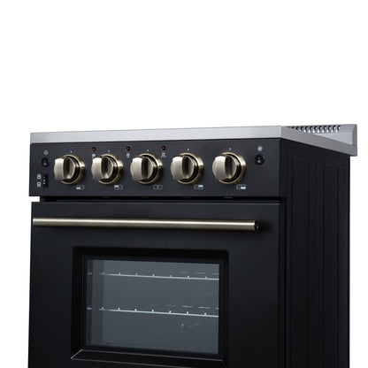 Forno Loiano 24 in. Freestanding Electric Range, 2.3 cu. ft., 4 Radiant Elements, Storage Drawer, Air Fryer Kit, Black with Antique Brass Accents (FFSEL6069-24BLK)