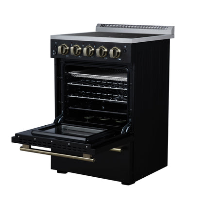 Forno Loiano 24 in. Freestanding Electric Range, 2.3 cu. ft., 4 Radiant Elements, Storage Drawer, Air Fryer Kit, Black with Antique Brass Accents (FFSEL6069-24BLK)