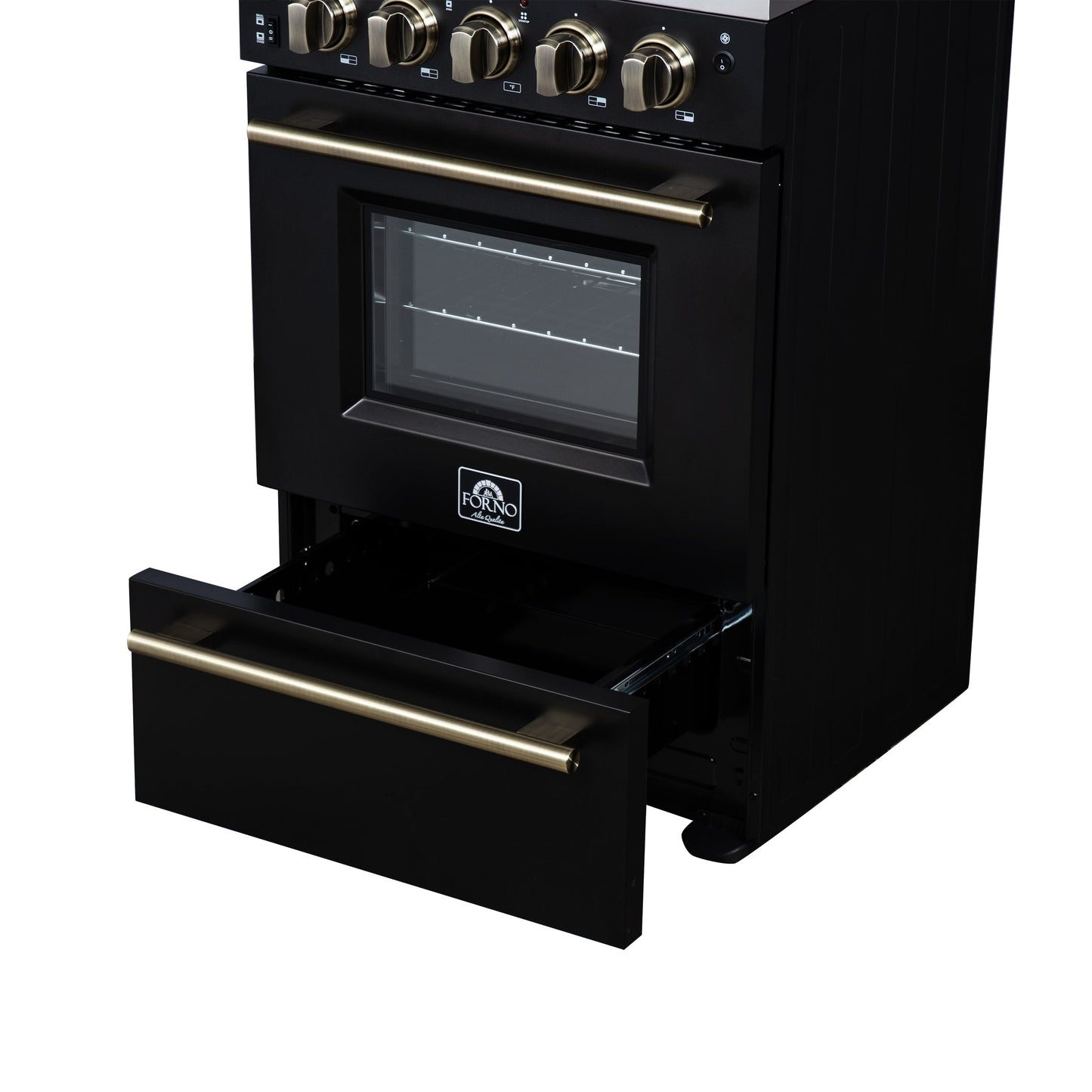 Forno Loiano 24 in. Freestanding Electric Range, 2.3 cu. ft., 4 Radiant Elements, Storage Drawer, Air Fryer Kit, Black with Antique Brass Accents (FFSEL6069-24BLK)