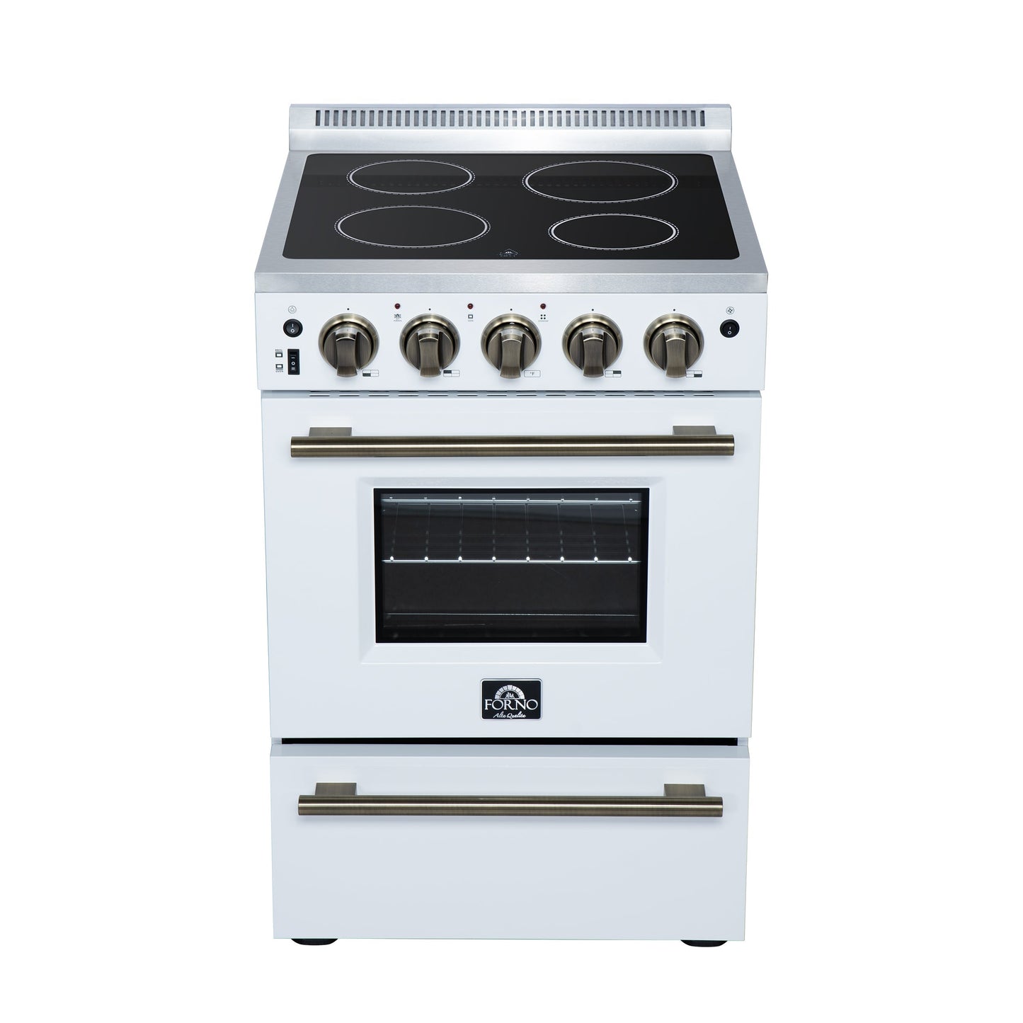Forno Loiano 24-Inch Freestanding Electric Range, 2.3 cu. ft. Oven, 4 Radiant Elements, Storage Drawer, Air Fryer Kit, White with Antique Brass Accents (FFSEL6069-24WHT)