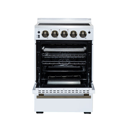 Forno Loiano 24-Inch Freestanding Electric Range, 2.3 cu. ft. Oven, 4 Radiant Elements, Storage Drawer, Air Fryer Kit, White with Antique Brass Accents (FFSEL6069-24WHT)