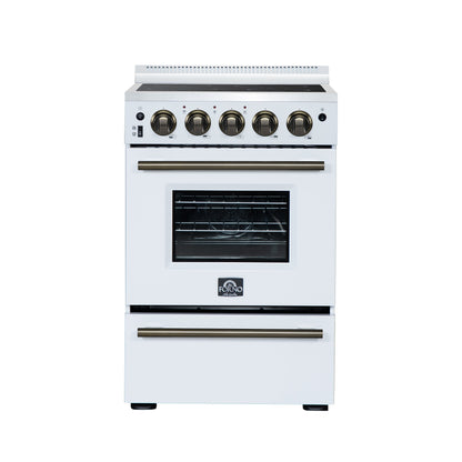 Forno Loiano 24-Inch Freestanding Electric Range, 2.3 cu. ft. Oven, 4 Radiant Elements, Storage Drawer, Air Fryer Kit, White with Antique Brass Accents (FFSEL6069-24WHT)