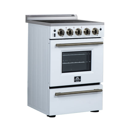 Forno Loiano 24-Inch Freestanding Electric Range, 2.3 cu. ft. Oven, 4 Radiant Elements, Storage Drawer, Air Fryer Kit, White with Antique Brass Accents (FFSEL6069-24WHT)
