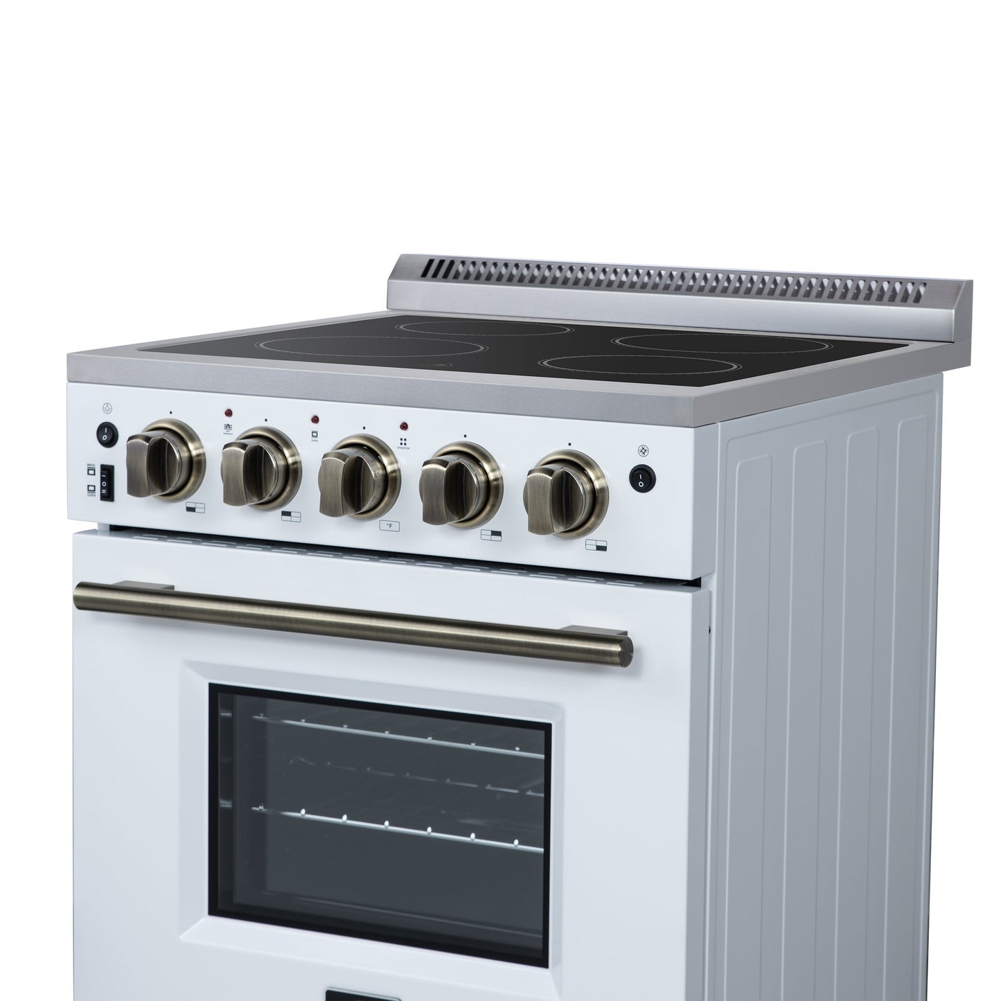 Forno Loiano 24-Inch Freestanding Electric Range, 2.3 cu. ft. Oven, 4 Radiant Elements, Storage Drawer, Air Fryer Kit, White with Antique Brass Accents (FFSEL6069-24WHT)