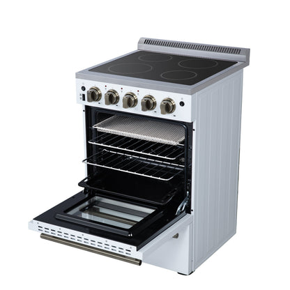 Forno Loiano 24-Inch Freestanding Electric Range, 2.3 cu. ft. Oven, 4 Radiant Elements, Storage Drawer, Air Fryer Kit, White with Antique Brass Accents (FFSEL6069-24WHT)