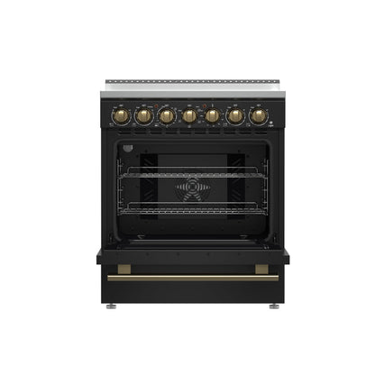 Forno Paolo 30-Inch Freestanding Electric Range, 4.38 cu. ft. Oven Capacity, Black with Antique Brass Handles (Model FFSEL6011-30BLK)