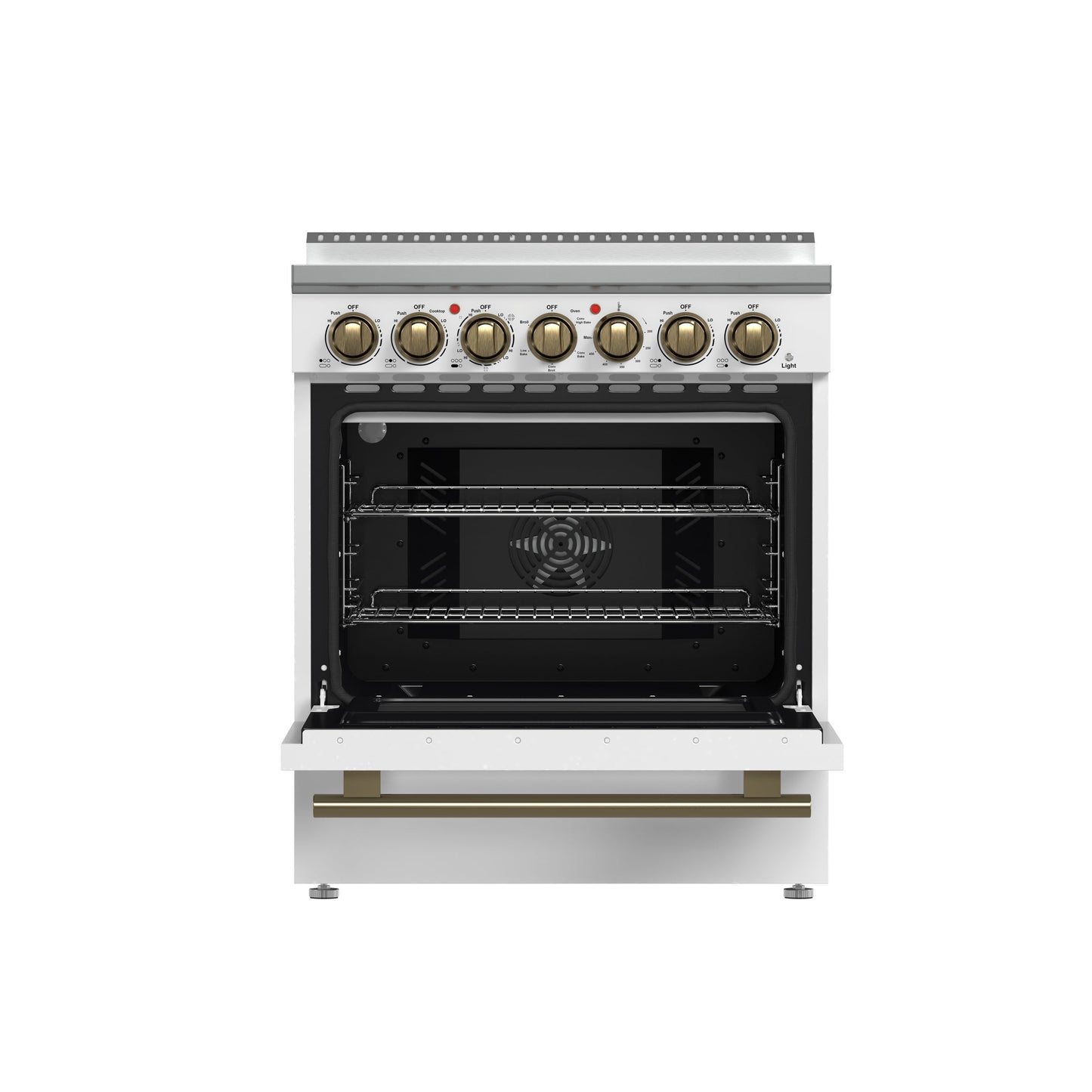 Forno Paolo 30-Inch Freestanding Electric Range, 4.38 cu. ft. Oven Capacity, White Finish with Antique Brass Handles, Model FFSEL6011-30WHT