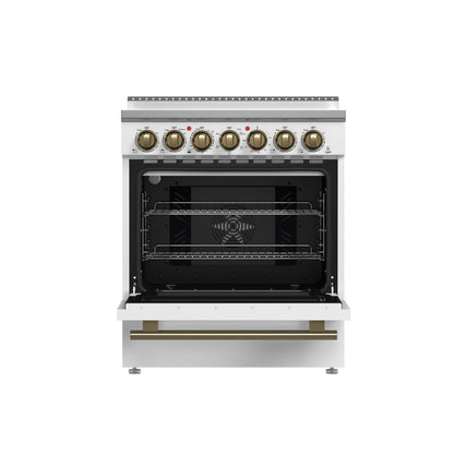 Forno Paolo 30-Inch Freestanding Electric Range, 4.38 cu. ft. Oven Capacity, White Finish with Antique Brass Handles, Model FFSEL6011-30WHT