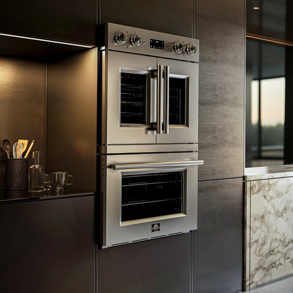 FORNO Gallico 30-Inch French Door Double Electric Wall Oven, 7.36 Cu. Ft., Air Fry, Self-Clean, Sous Vide, Telescopic Racks, Model FBOEL1388-30