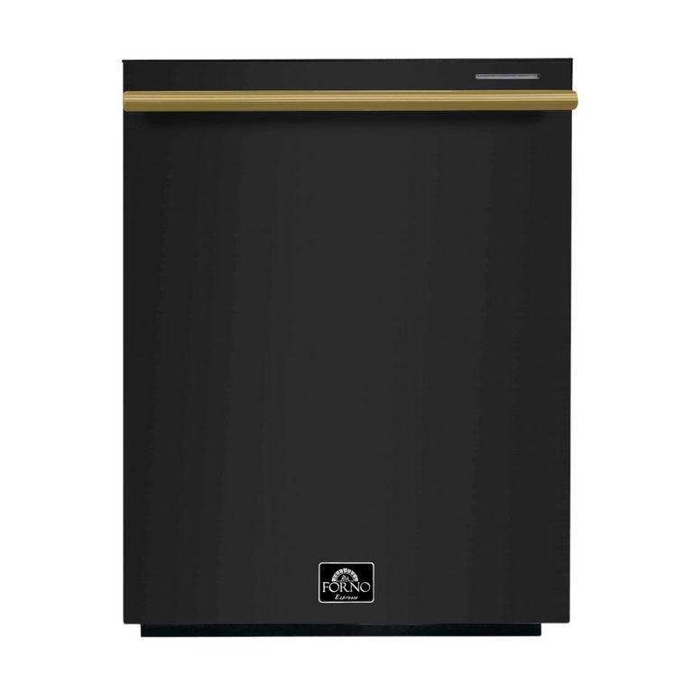 FORNO Espresso Package - 30" Electric Range, Range Hood, Refrigerator and Dishwasher in Black with Antique Brass Handles