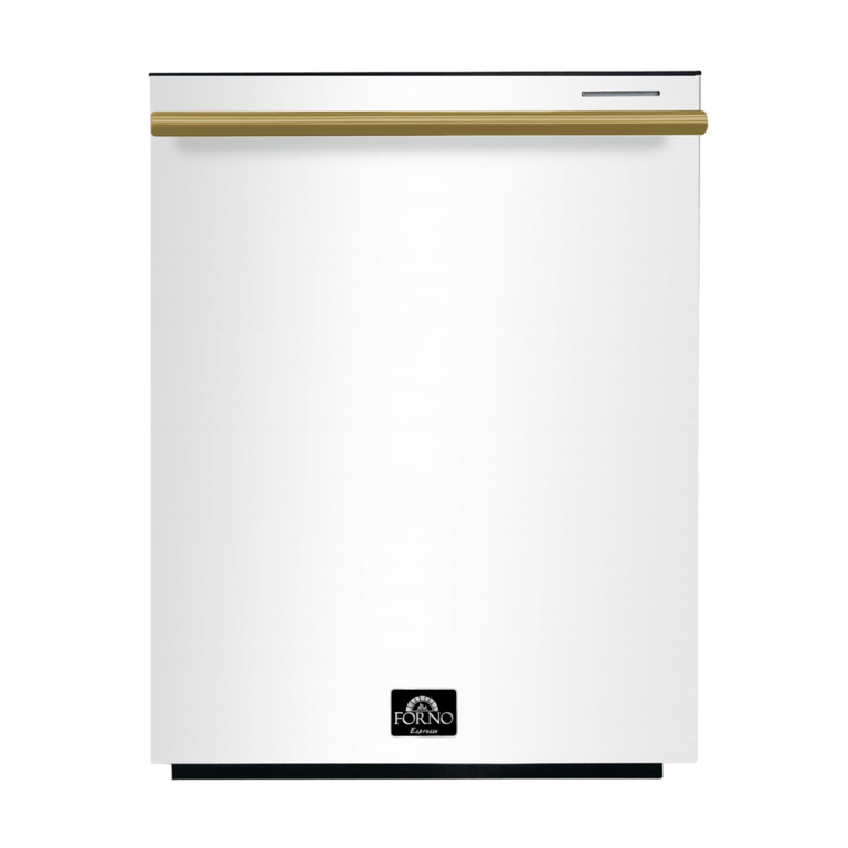 FORNO Espresso Package - 30" Electric Range, Range Hood, Refrigerator and Dishwasher in White with Antique Brass Handles, FBDL-006-03US