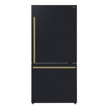 FORNO Espresso Package - 30" Electric Range, Range Hood and Refrigerator in Black with Antique Brass Handles, FBDL-001-02US