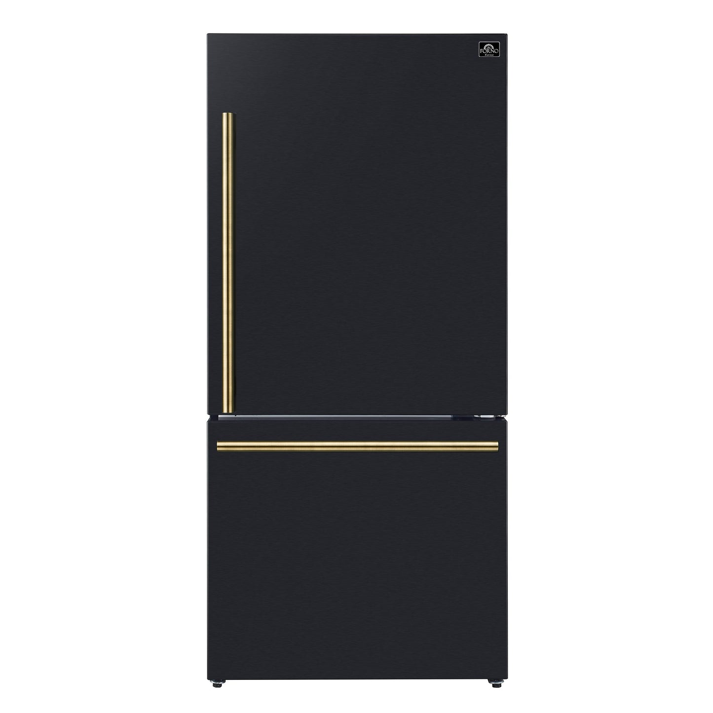 Forno Espresso Milano 31-Inch French Door Refrigerator with Bottom Freezer, 17.2 cu ft, Right-Hinged, Black with Antique Brass Handles (Model FFFFD1785-31BLK)