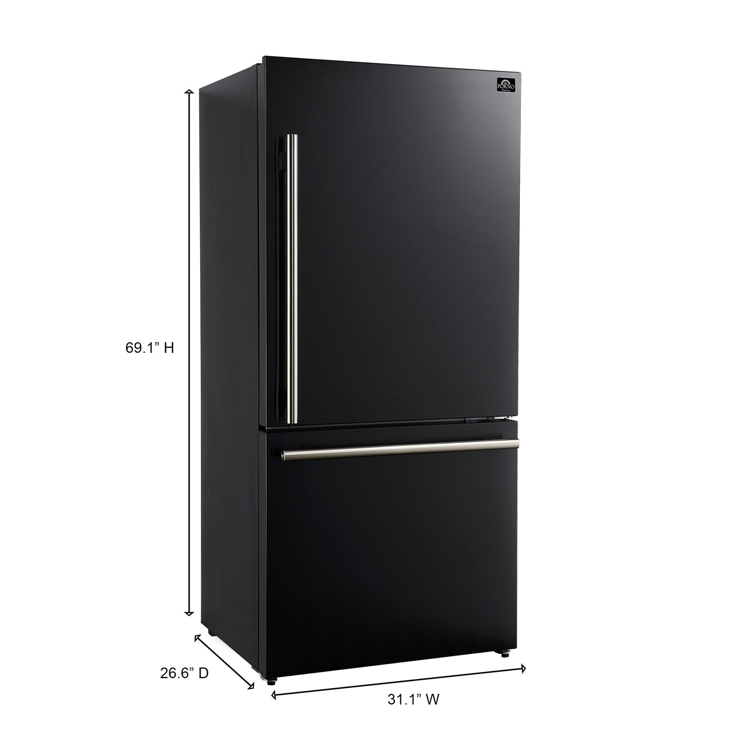 Forno Milano 31 in. Bottom Freezer Refrigerator, 17.2 cu ft, Right-Hinged Door, Black with Stainless Steel Handles (Model FFFFD1785-31BLK)