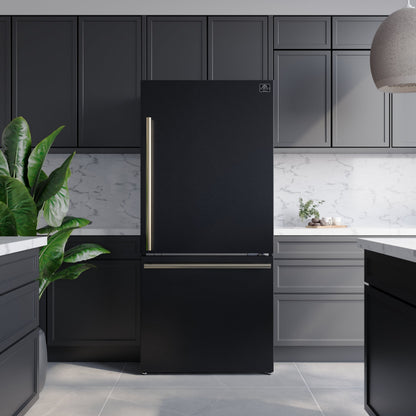 Forno Espresso Milano 31-Inch French Door Refrigerator with Bottom Freezer, 17.2 cu ft, Right-Hinged, Black with Antique Brass Handles (Model FFFFD1785-31BLK)