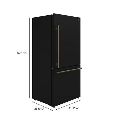 Forno Espresso Milano 31-Inch French Door Refrigerator with Bottom Freezer, 17.2 cu ft, Right-Hinged, Black with Antique Brass Handles (Model FFFFD1785-31BLK)