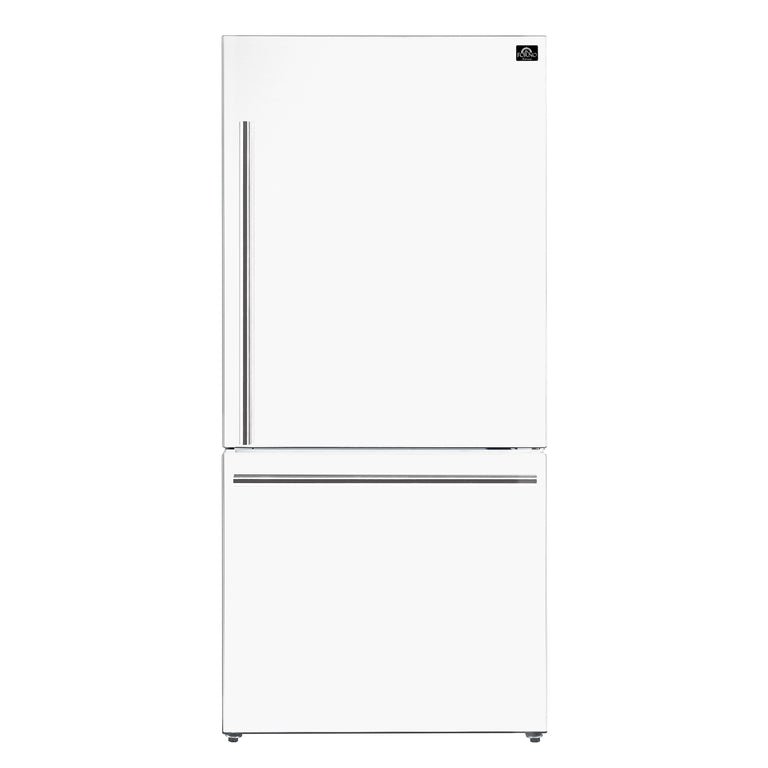FORNO Espresso Package - 30" Electric Range, Range Hood and Refrigerator in White with Stainless Steel Handles, FBDL-001-03US
