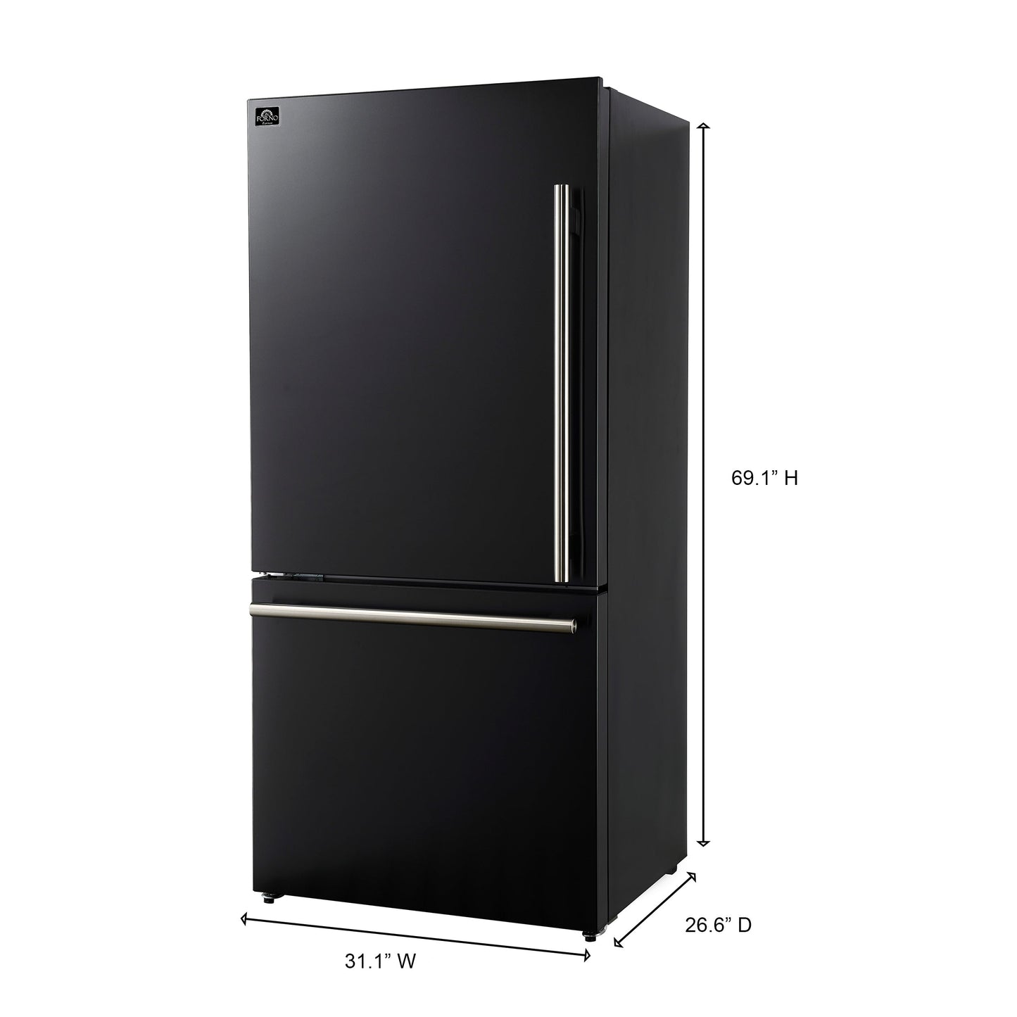 Forno Espresso Milano 31-Inch French Door Refrigerator with Bottom Freezer, 17.2 Cu. Ft., Ice Maker, Black with Antique Brass Handles (Model FFFFD1786-31BLK)