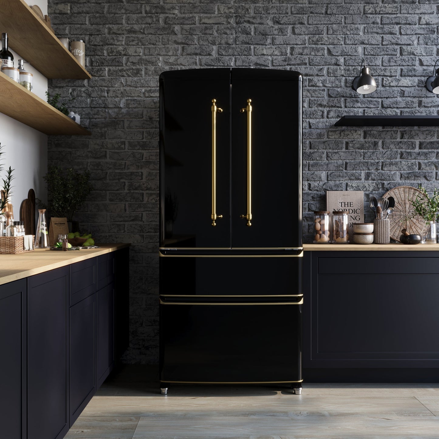 Forno Espresso Luigi 33-Inch French Door Refrigerator, 18 Cu. Ft., Black with Antique Brass Handles (Model FFFFD1791-33BLK)