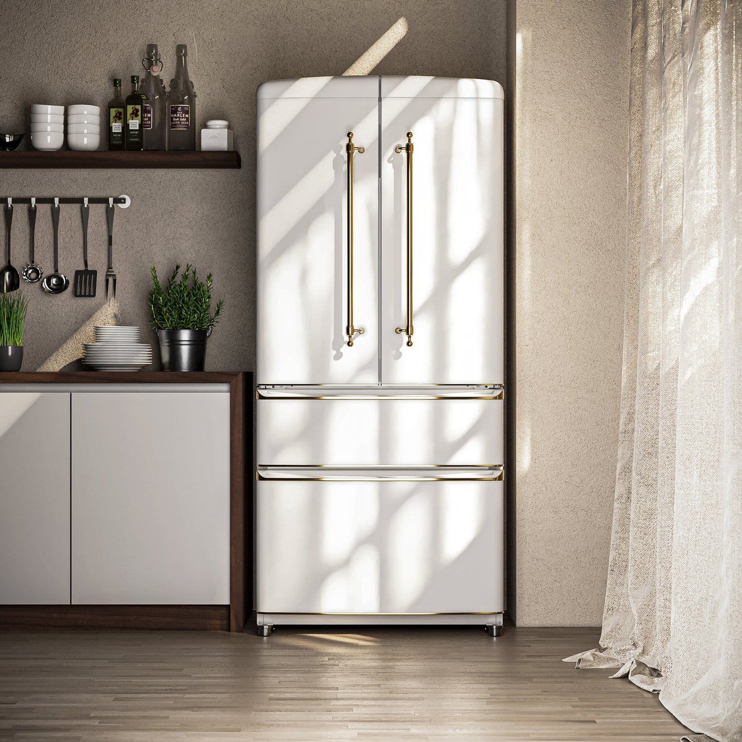 Forno Espresso Luigi 33-Inch French Door Refrigerator, 18 cu. ft., White, Antique Brass Handles, Model FFFFD1791-33WHT