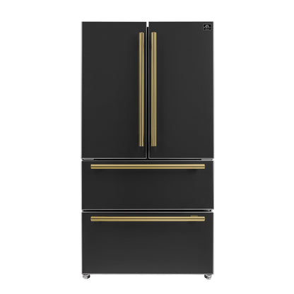 FORNO Moena 36-Inch Counter-Depth Refrigerator, 19.2 cu. ft., with Ice Maker, Black with Antique Brass Handles (FFRBI1820-36BLK)