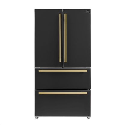 FORNO Espresso Package - 30" Electric Range, Range Hood, Refrigerator and Dishwasher in Black with Antique Brass Handles