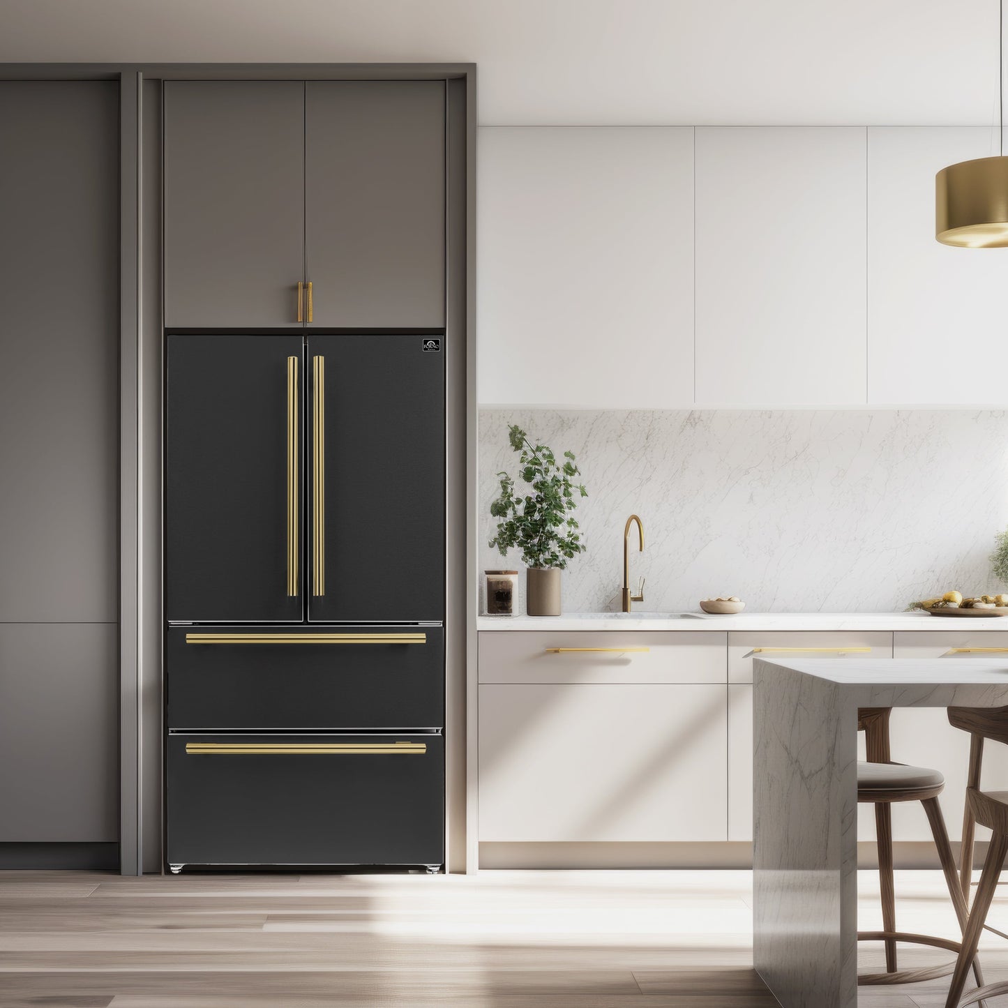 FORNO Appliance Package - 36" Gas Range, Range Hood, 36" Refrigerator in Black with Antique Brass Accents