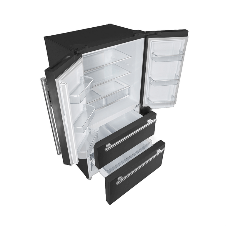 FORNO Espresso Package - 30" Electric Range, Range Hood and Refrigerator in Black with Stainless Steel Handles