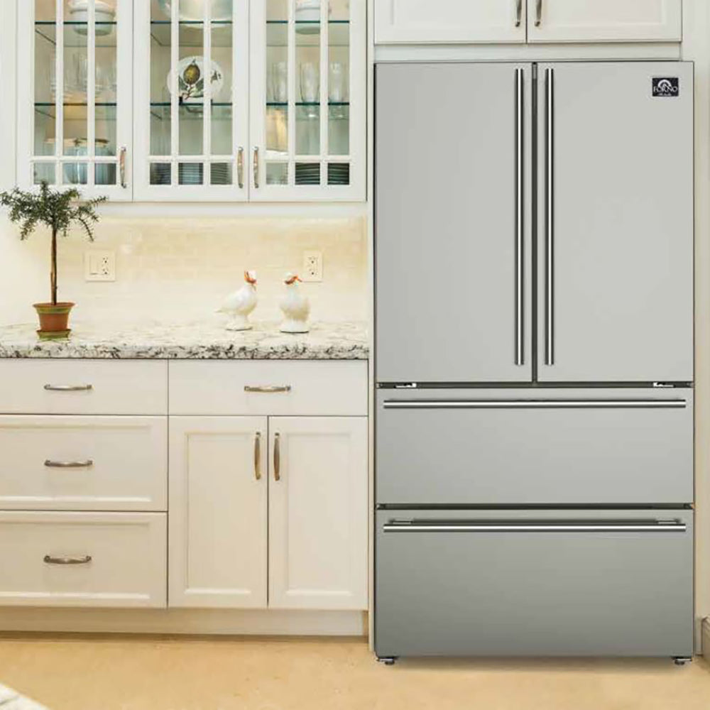 FORNO Appliance Package - 48" Gas Range, Range Hood, 36" Refrigerator, Dishwasher, Microwave Drawer, AP-FFSGS6244-48-18