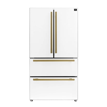 Forno Moena 36-Inch Counter-Depth Refrigerator with Ice Maker, 19.2 Cu. Ft., White with Antique Brass Handles (FFRBI1820-36WHT)