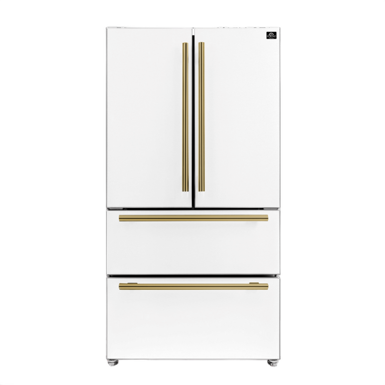 FORNO Espresso Package - 30" Electric Range, Range Hood and Refrigerator in White with Antique Brass Handles