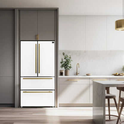 FORNO Espresso Package - 30" Electric Range, Range Hood, Refrigerator and Dishwasher in White with Antique Brass Handles