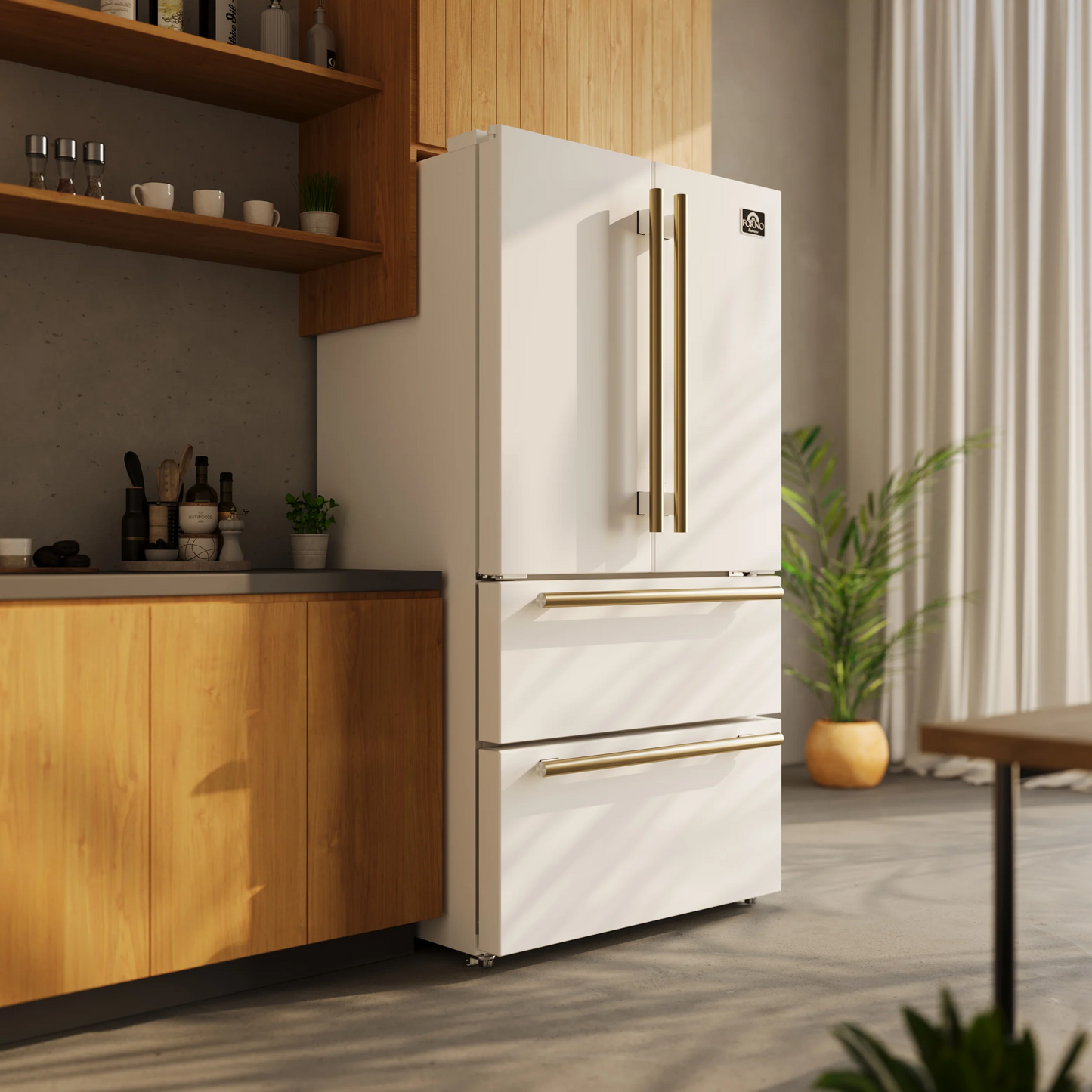 FORNO Appliance Package - 36" Electric Range, Range Hood, 36" Refrigerator, Microwave in White with Antique Brass Accents