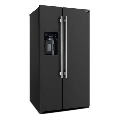 Forno Salerno 36-Inch Side-by-Side Refrigerator, 20 cu. ft., Water & Ice Dispenser, Black with Stainless Steel Handles, FFRBI1844-36BLK