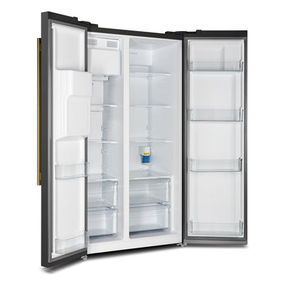 Forno Salerno 36-Inch Side-by-Side Refrigerator, 20 cu. ft., Black, Water & Ice Dispenser, Antique Brass Handles (FFRBI1844-36BLK)