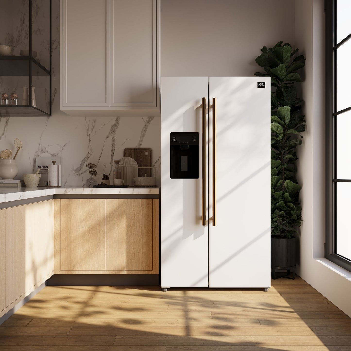 FORNO Espresso Package - 30" Gas Range, 36" Refrigerator with Water and Ice Dispenser and Dishwasher in White with Antique Brass Accents