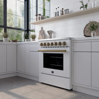 FORNO Paolo Package - 30" Electric Range, Wall Mount Range Hood, 36" Refrigerator with Water and Ice Dispenser and Dishwasher in White with Antique Brass Accents, AP4-6011WHT-A17