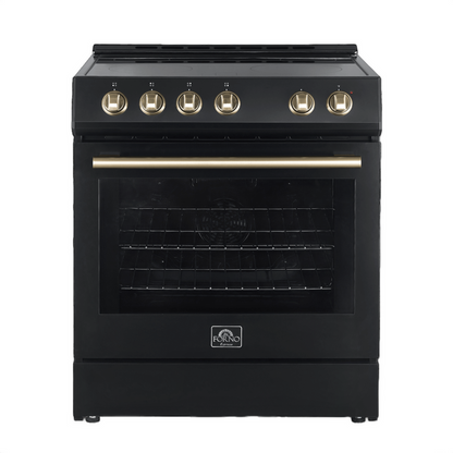 FORNO Espresso Package - 30" Electric Range, Range Hood and Refrigerator in Black with Antique Brass Handles