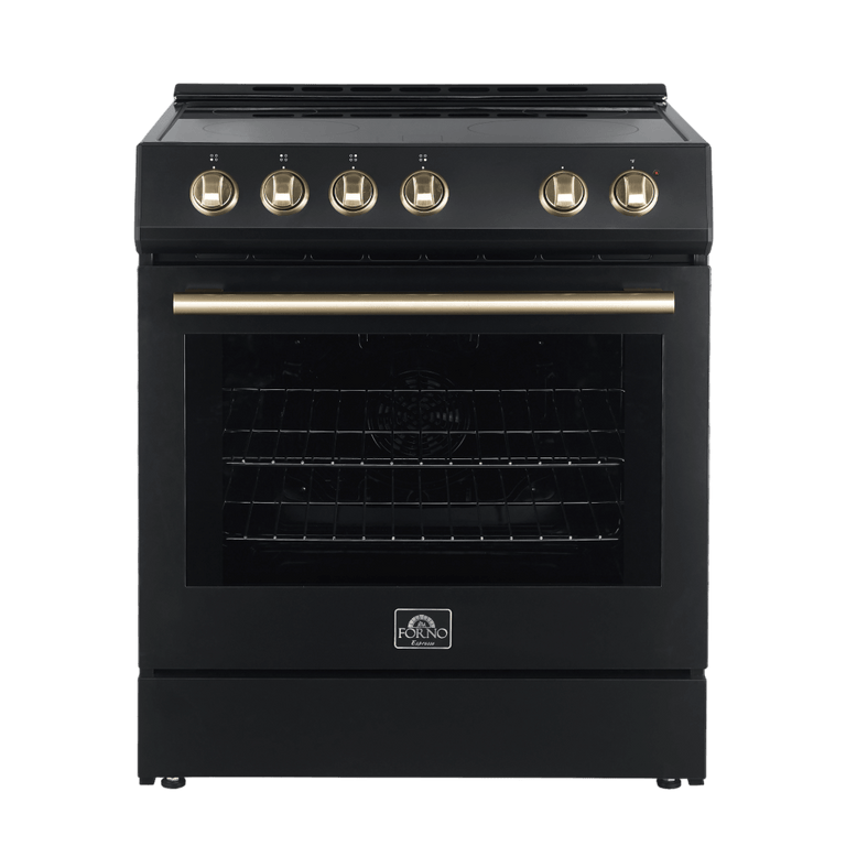 FORNO Espresso Package - 30" Electric Range and Range Hood in Black with Antique Brass Handles, FBDL-002-02US