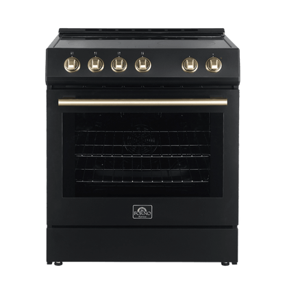 FORNO Espresso Package - 30" Electric Range and Range Hood in Black with Antique Brass Handles, FBDL-002-02US