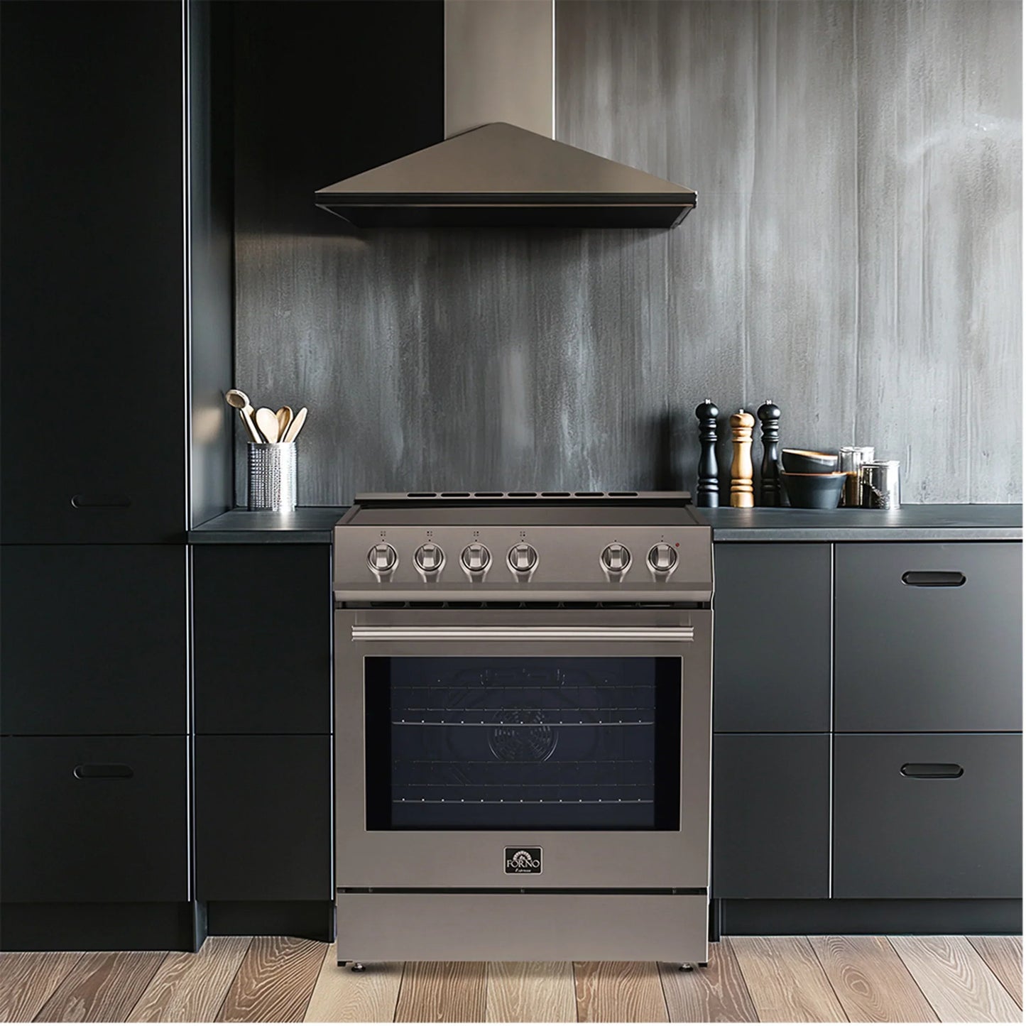 FORNO Espresso Package - 30" Electric Range, Under Cabinet Range Hood, 31" Refrigerator and Tall Tub Dishwasher, FBDL-010-01US