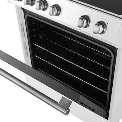 FORNO Espresso Package - 30" Electric Range, Range Hood and Refrigerator in White with Antique Brass Handles