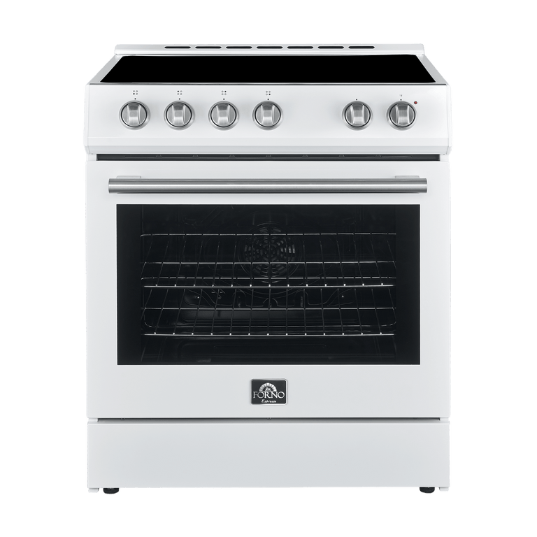 FORNO Espresso Package - 30" Electric Range, Range Hood and Dishwasher in White with Stainless Steel Handles