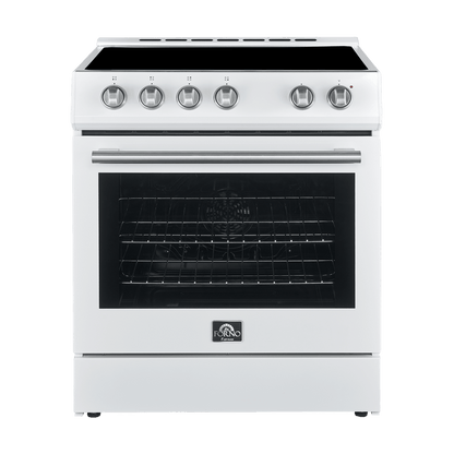 FORNO Espresso Package - 30" Electric Range, Range Hood and Dishwasher in White with Stainless Steel Handles