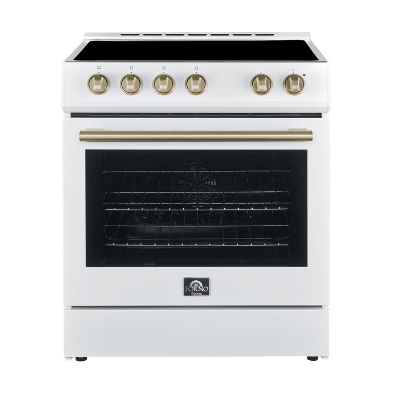 FORNO Espresso Package - 30" Electric Range and Refrigerator in White with Antique Brass Handles, FBDL-003-03US